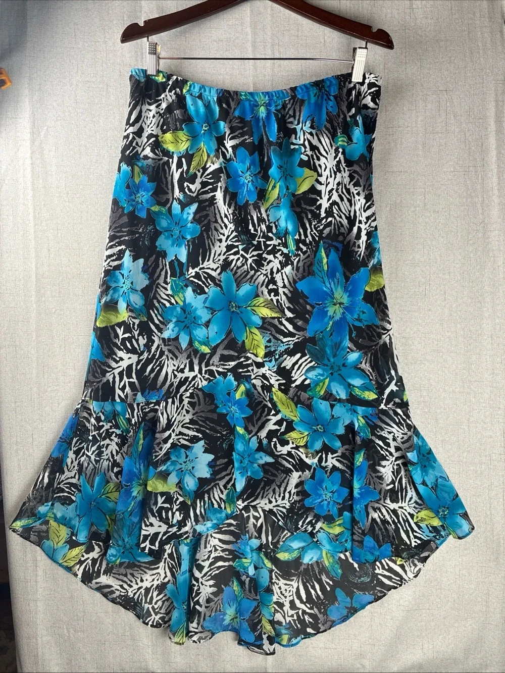 Chicos 3 Blue Floral Skirt Lined Hi Lo Ruffle Tropical Black Zebra Flouncy XL